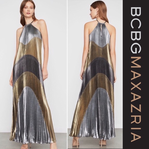 bcbg metallic colorblocked pleated gown